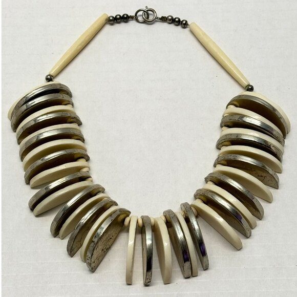 Vintage metal and white carved disc collar necklace